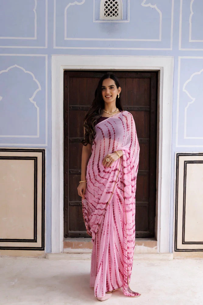 Women's Pink Hand Dyed Shibori Bandhani Chiffon Saree
