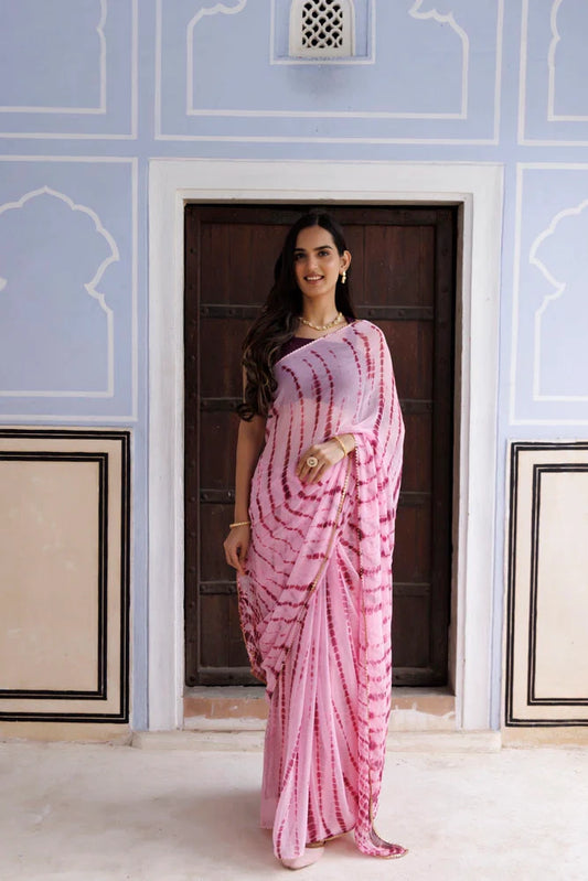 Women's Pink Hand Dyed Shibori Bandhani Chiffon Saree