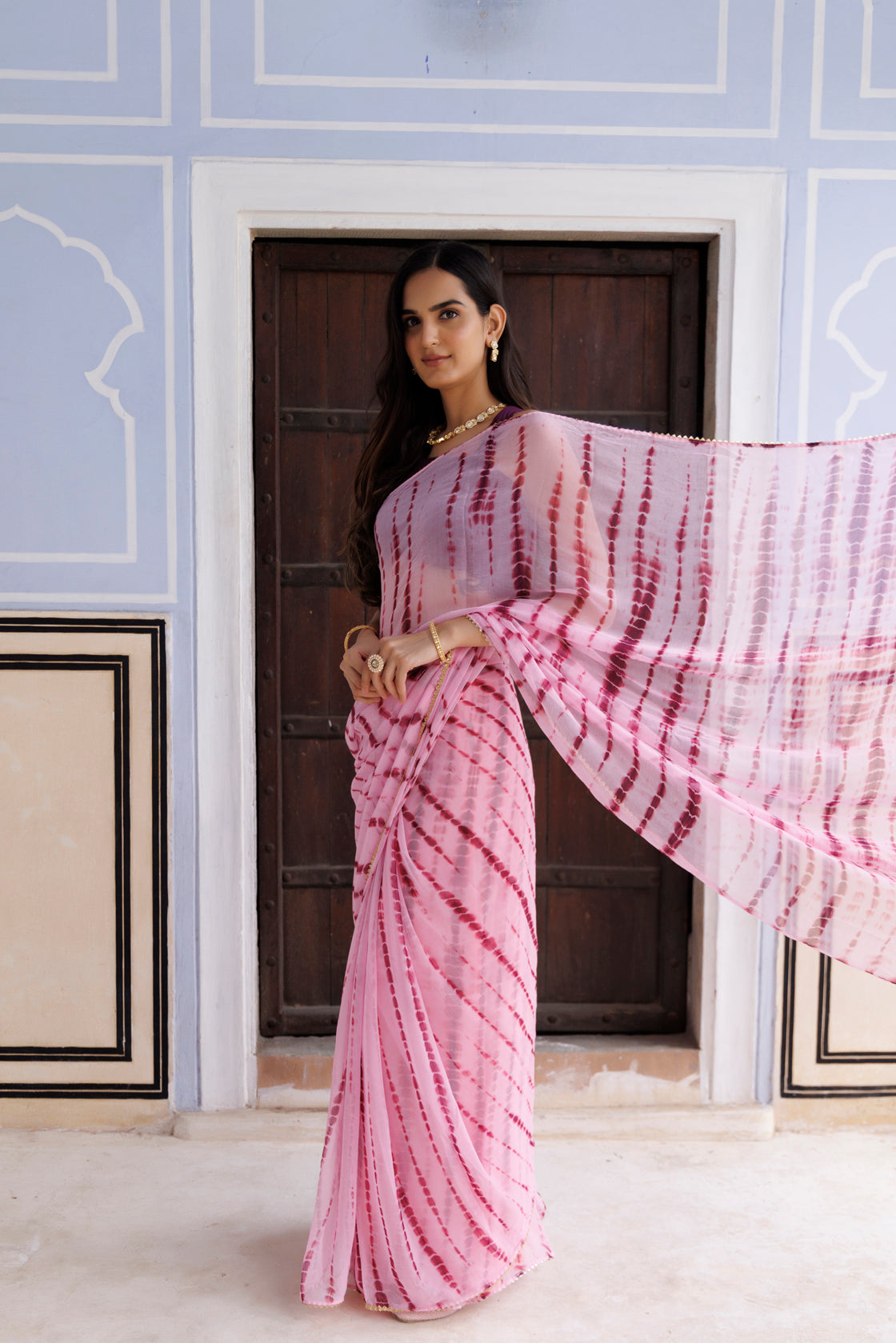 Women's Pink Hand Dyed Shibori Bandhani Chiffon Saree