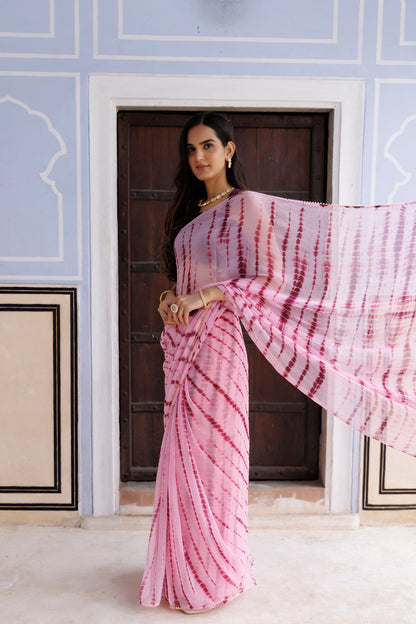 Women's Pink Hand Dyed Shibori Bandhani Chiffon Saree