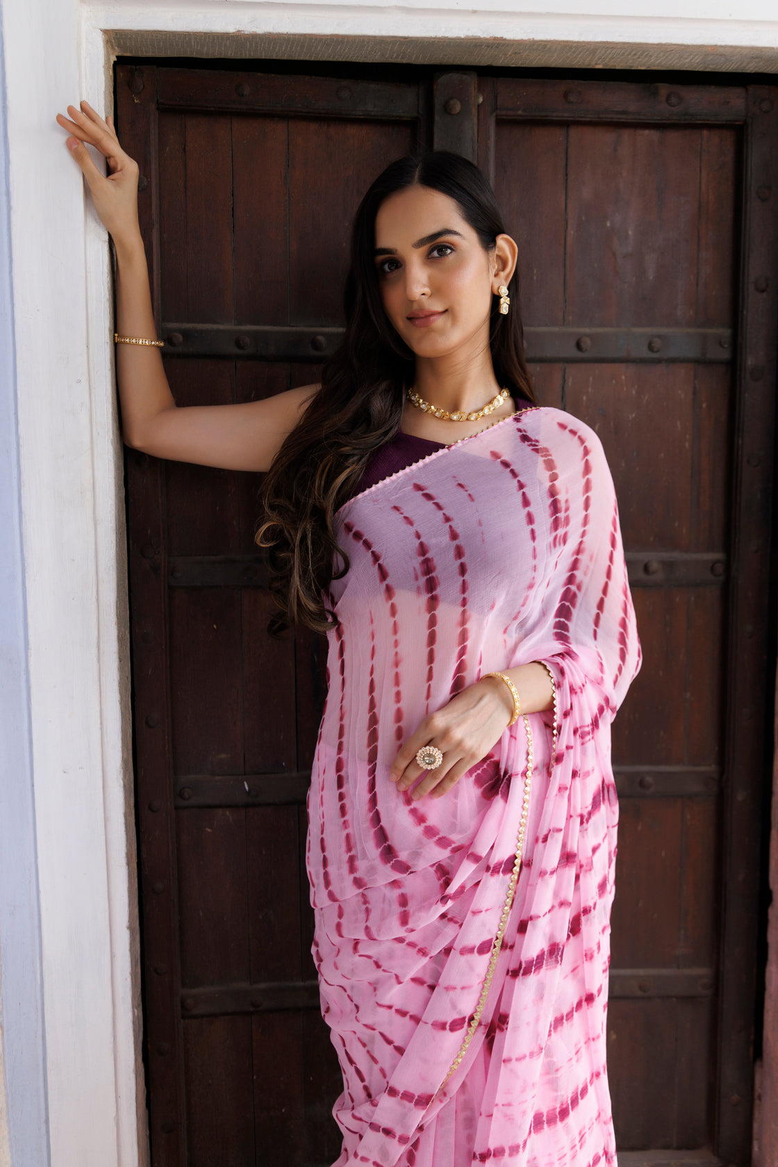 Women's Pink Hand Dyed Shibori Bandhani Chiffon Saree