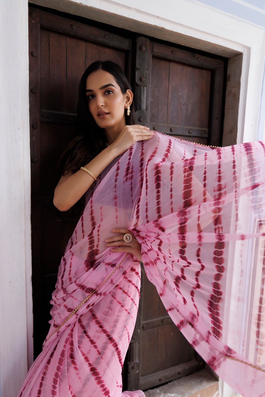 Women's Pink Hand Dyed Shibori Bandhani Chiffon Saree