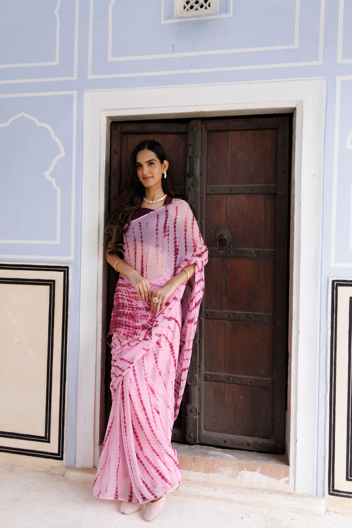 Women's Pink Hand Dyed Shibori Bandhani Chiffon Saree