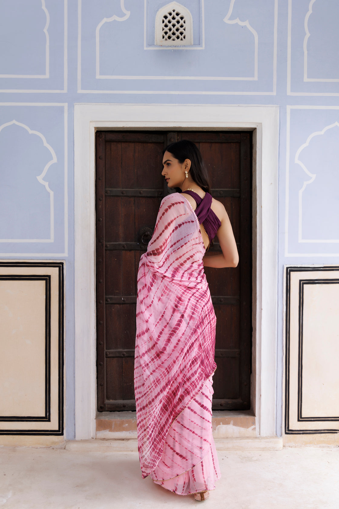 Women's Pink Hand Dyed Shibori Bandhani Chiffon Saree