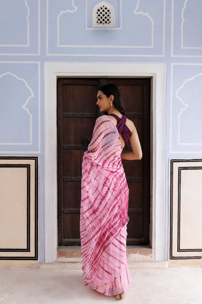 Women's Pink Hand Dyed Shibori Bandhani Chiffon Saree