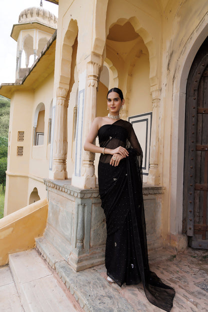 Women's Black Hand Embroidered Mukaish Chiffon Saree
