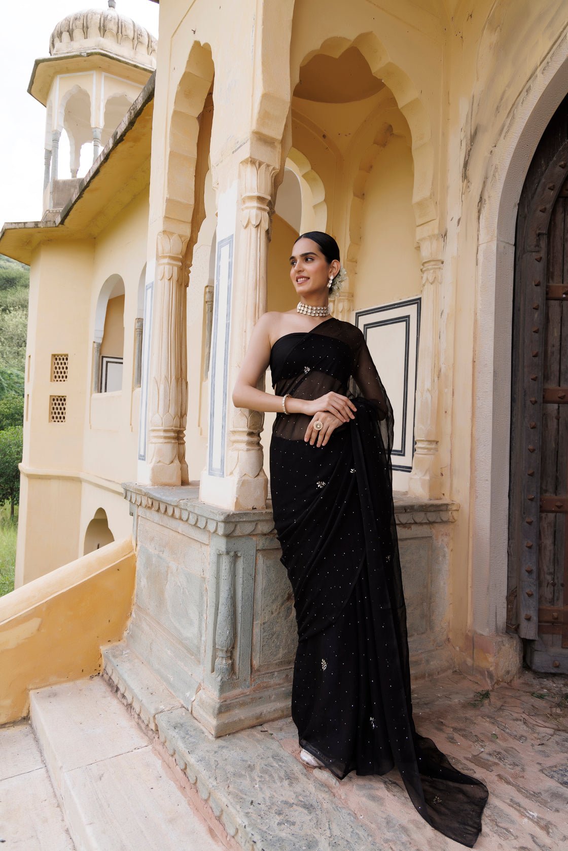 Women's Black Hand Embroidered Mukaish Chiffon Saree