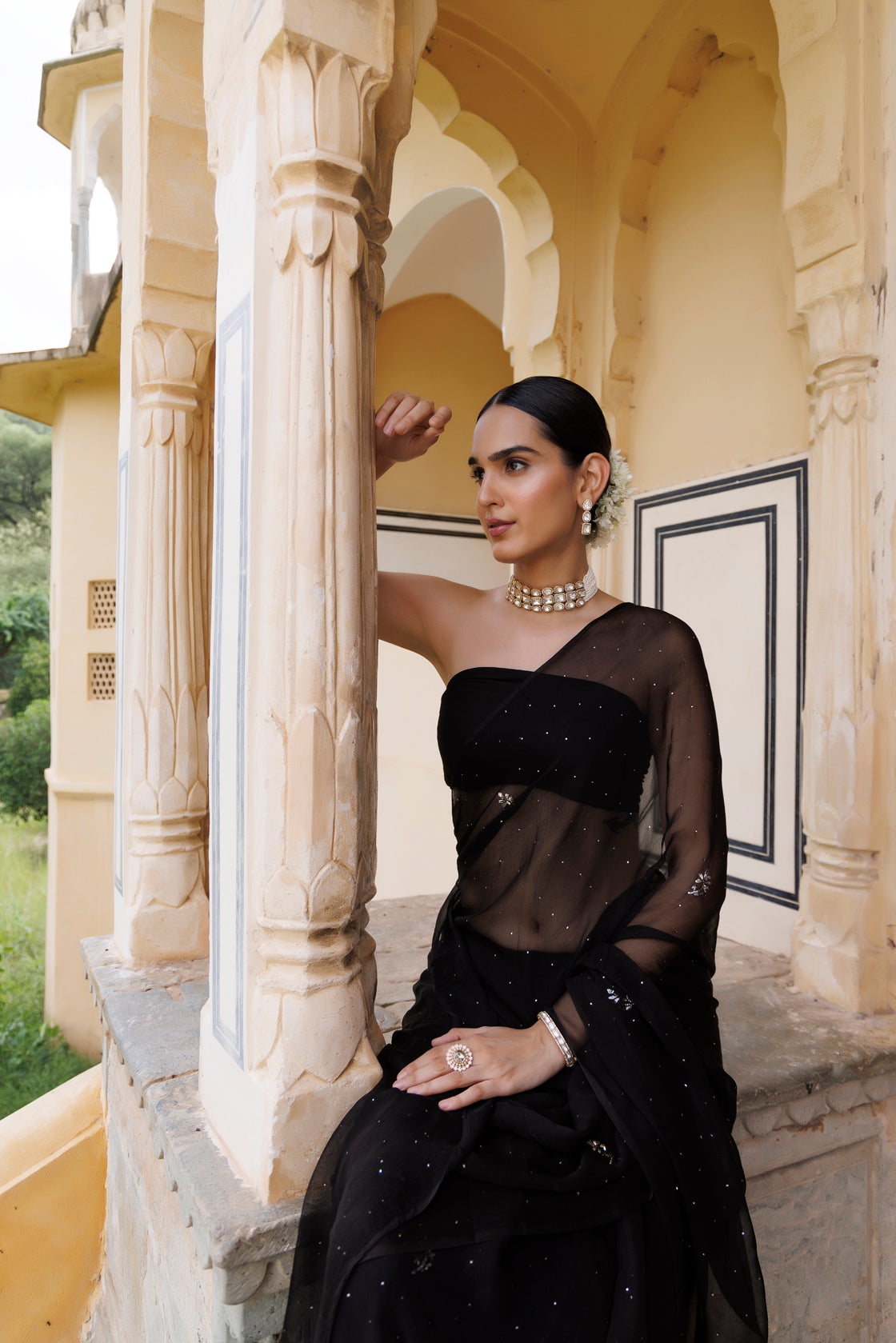 Women's Black Hand Embroidered Mukaish Chiffon Saree