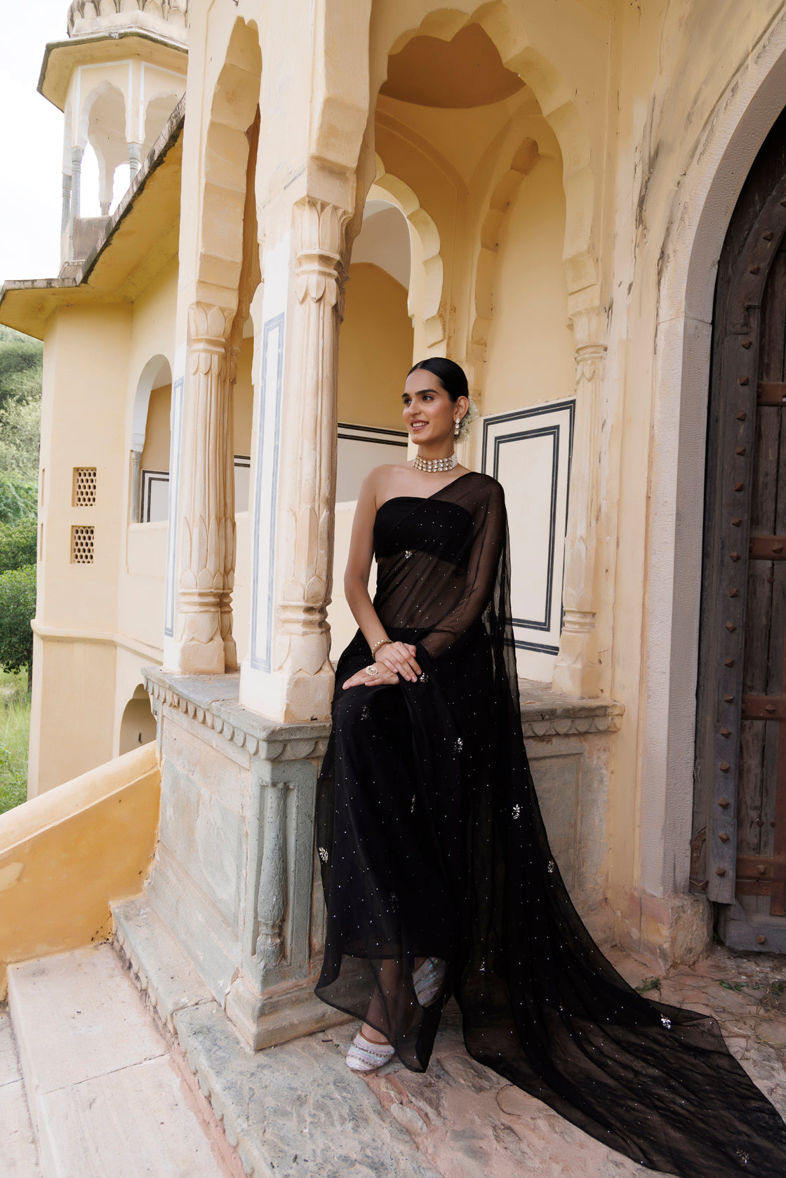 Women's Black Hand Embroidered Mukaish Chiffon Saree