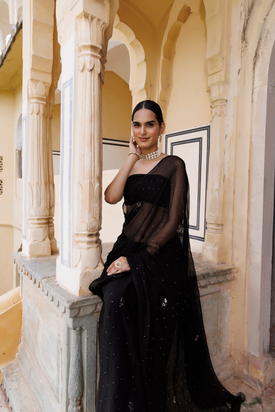 Women's Black Hand Embroidered Mukaish Chiffon Saree