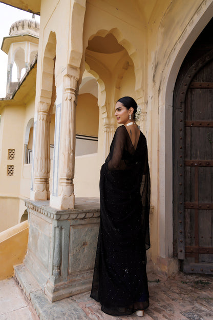 Women's Black Hand Embroidered Mukaish Chiffon Saree