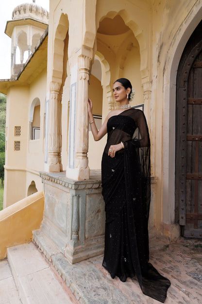 Women's Black Hand Embroidered Mukaish Chiffon Saree