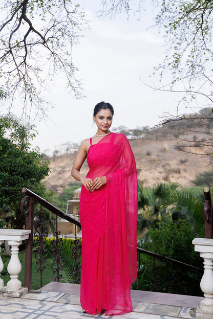 Women's Pink Hand Embroidered Mukaish Chiffon Saree