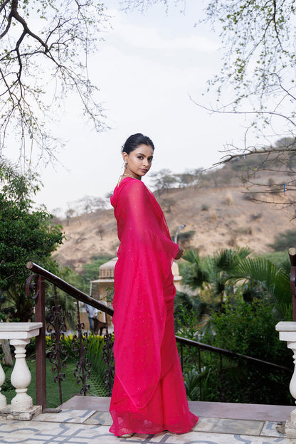 Women's Pink Hand Embroidered Mukaish Chiffon Saree