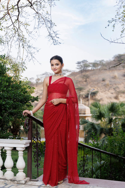 Women's Cherry Red Hand Embroidered Mukaish Chiffon Saree