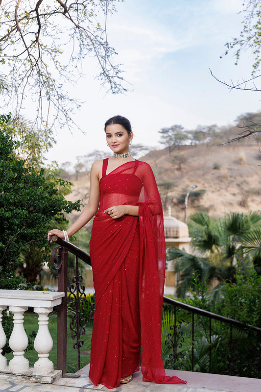 Women's Cherry Red Hand Embroidered Mukaish Chiffon Saree
