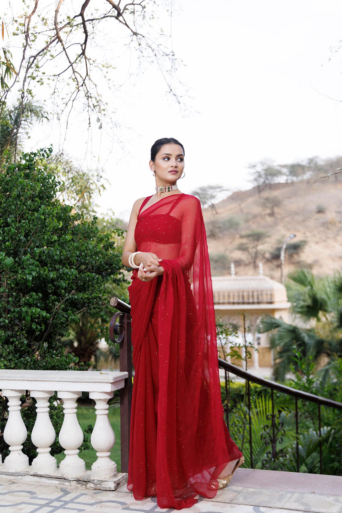 Women's Cherry Red Hand Embroidered Mukaish Chiffon Saree