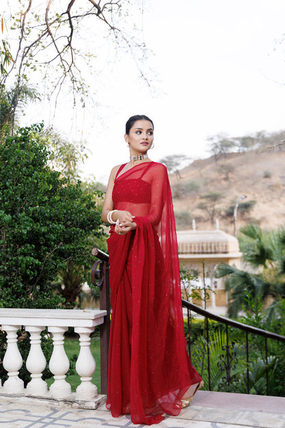 Women's Cherry Red Hand Embroidered Mukaish Chiffon Saree