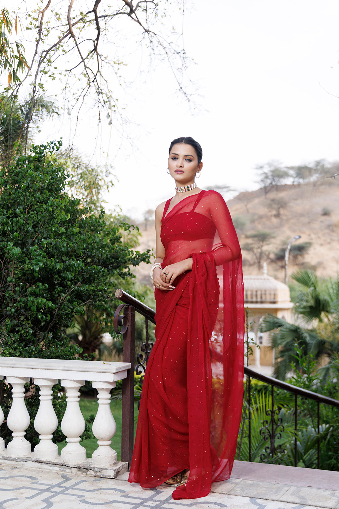 Women's Cherry Red Hand Embroidered Mukaish Chiffon Saree