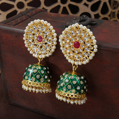 Women's 18k gold plated floral handcrafted Green meenakari jhumka earring e2925cr
