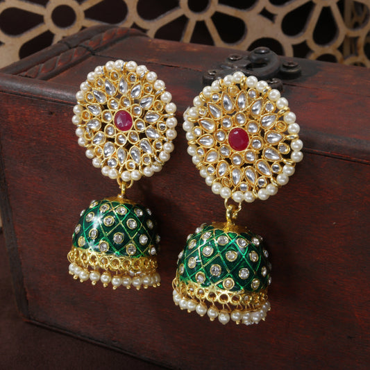 Women's 18k gold plated floral handcrafted Green meenakari jhumka earring e2925cr