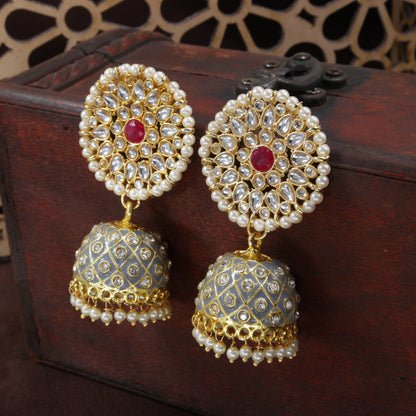 Women's 18k gold plated floral handcrafted Grey meenakari jhumka earring e2925cr