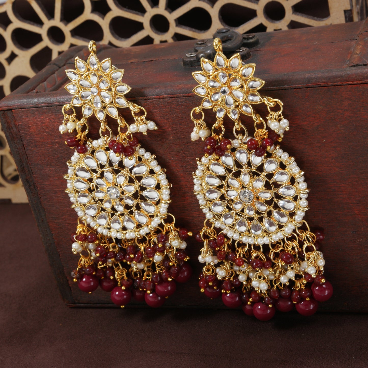Women's  Gold Plated Maroon Drop Earrings Glided With Kundans & Pearls