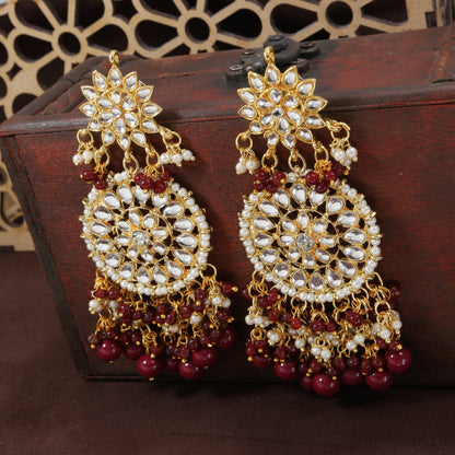 Women's  Gold Plated Maroon Drop Earrings Glided With Kundans & Pearls