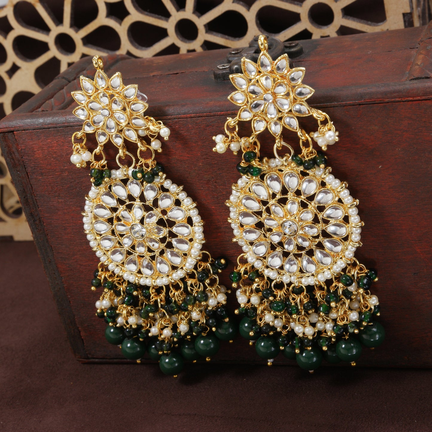 Women's  Gold Plated Green Drop Earrings Glided With Kundans & Pearls