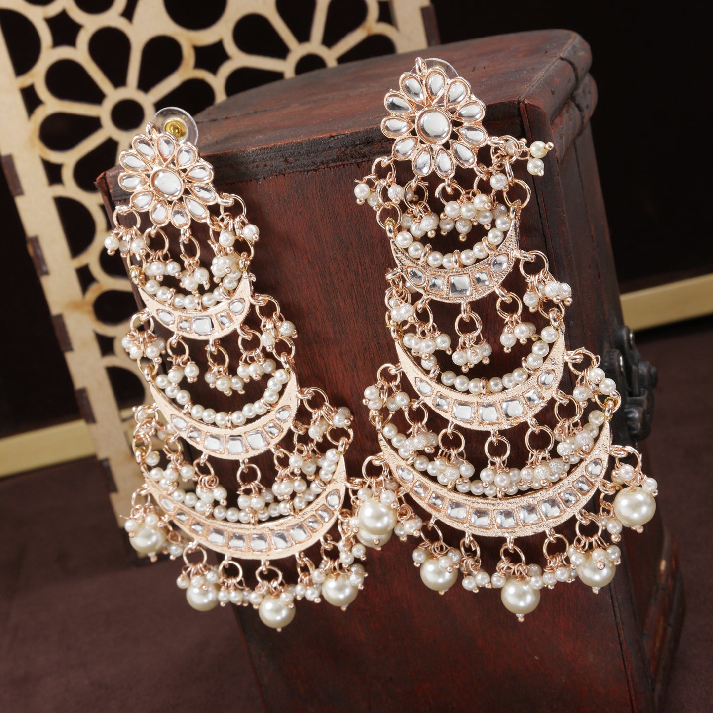 Women's  Rose Gold Plated 3 Layered Beaded Chandbali Earrings With Kundan And Pearl Work