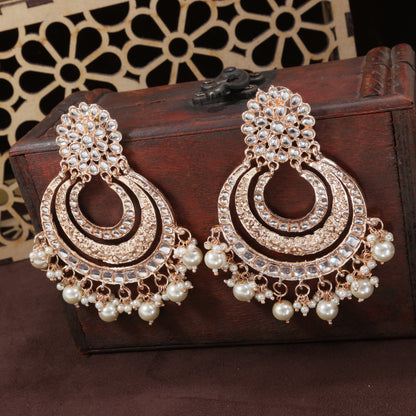 Women Rose Gold Kundan & Pearl Chandbali Earrings by I Jewels (1 Pai