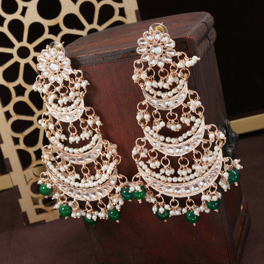 Women's  Rose Gold Plated 3 Layered Beaded Chandbali Earrings With Kundan And Pearl Work