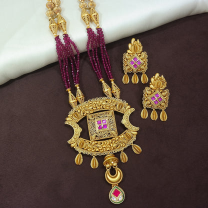 Women's 18K Gold Plated Traditional Long Beaded Brass Jewellery Set with Uncut Polki Kundan