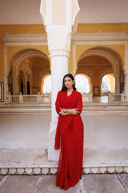 Women's Red Hand Embroidered Mukaish Ready To Wear Chiffon Saree