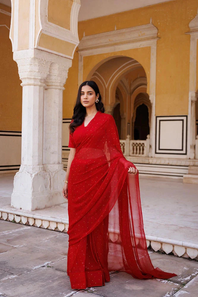 Women's Red Hand Embroidered Mukaish Ready To Wear Chiffon Saree