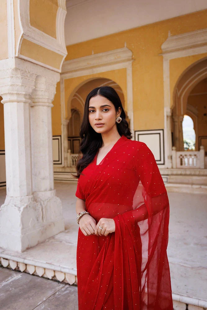 Women's Red Hand Embroidered Mukaish Ready To Wear Chiffon Saree