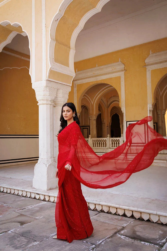 Women's Red Hand Embroidered Mukaish Ready To Wear Chiffon Saree