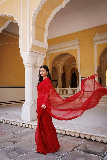 Women's Red Hand Embroidered Mukaish Ready To Wear Chiffon Saree