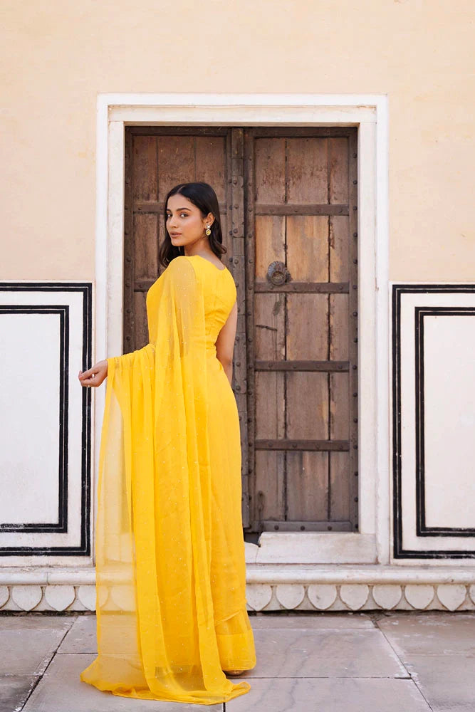 Women's Yellow Hand Embroidered Mukaish Ready To Wear Chiffon Saree