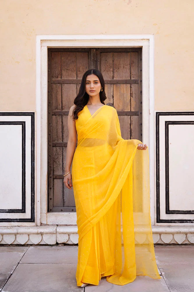 Women's Yellow Hand Embroidered Mukaish Ready To Wear Chiffon Saree
