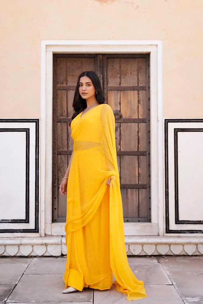 Women's Yellow Hand Embroidered Mukaish Ready To Wear Chiffon Saree