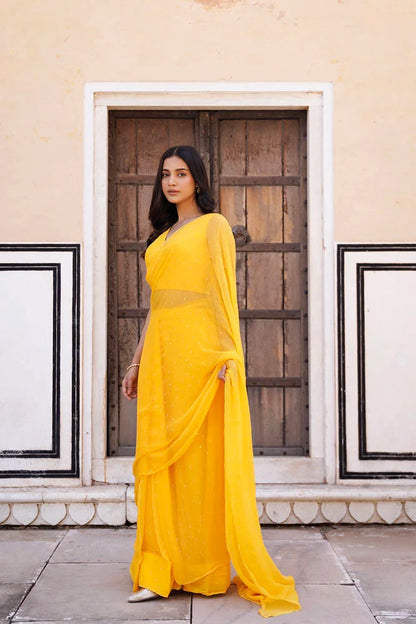Women's Yellow Hand Embroidered Mukaish Ready To Wear Chiffon Saree