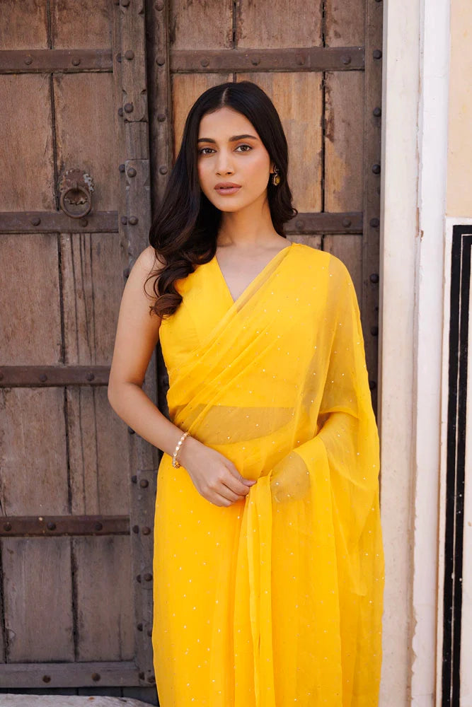 Women's Yellow Hand Embroidered Mukaish Ready To Wear Chiffon Saree