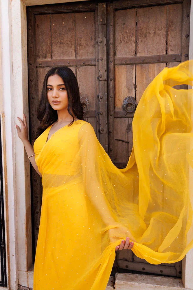 Women's Yellow Hand Embroidered Mukaish Ready To Wear Chiffon Saree
