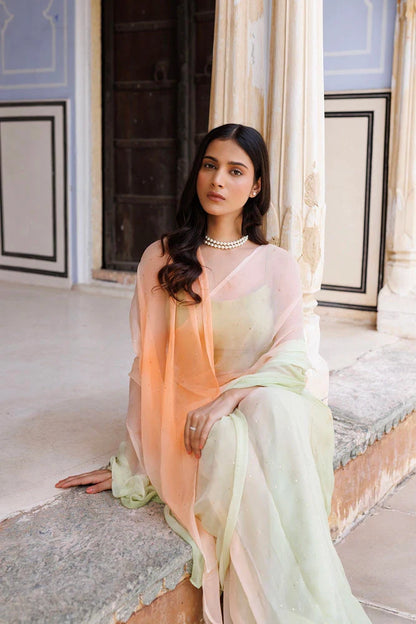 Women's Green & Peach Shaded Hand Embroidered Mukaish Ready To Wear Chiffon Saree