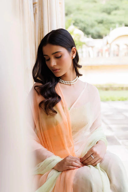 Women's Green & Peach Shaded Hand Embroidered Mukaish Ready To Wear Chiffon Saree