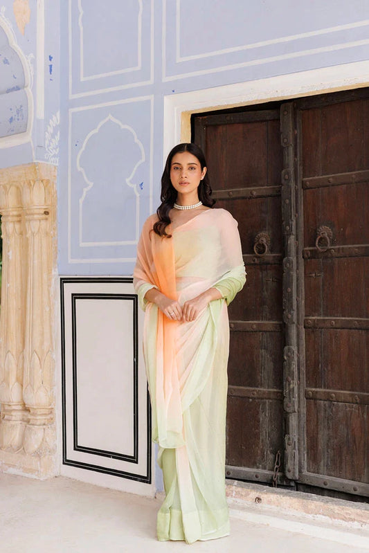 Women's Green & Peach Shaded Hand Embroidered Mukaish Ready To Wear Chiffon Saree