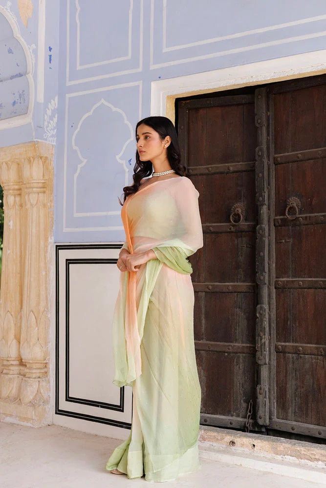 Women's Green & Peach Shaded Hand Embroidered Mukaish Ready To Wear Chiffon Saree