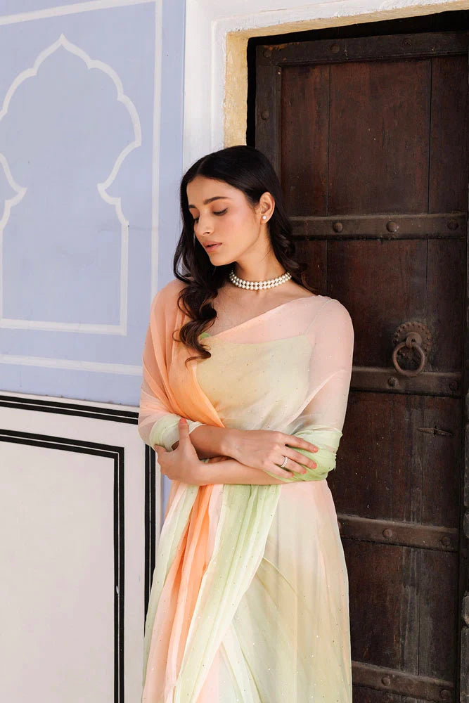 Women's Green & Peach Shaded Hand Embroidered Mukaish Ready To Wear Chiffon Saree