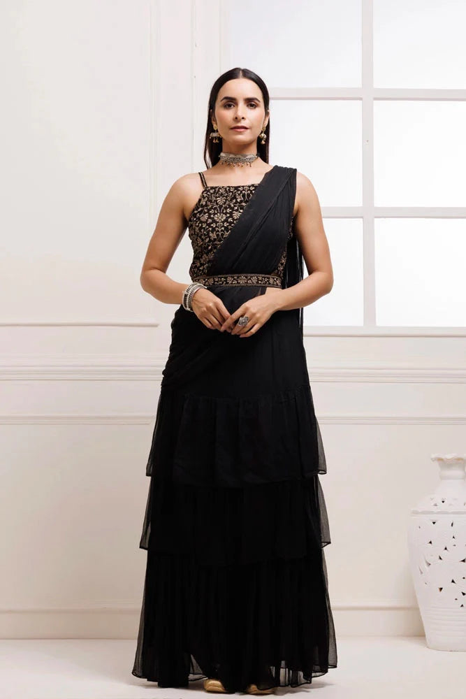 Women's Black Ruffled Chiffon Saree Ready To Wear With Stitched Blouse